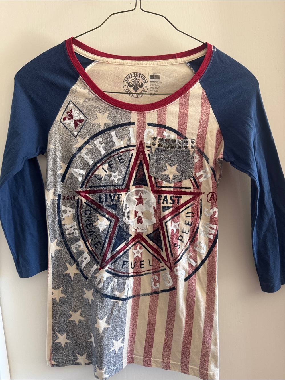 Affliction Red, Navy & Cream Star Skull Raglan Tee